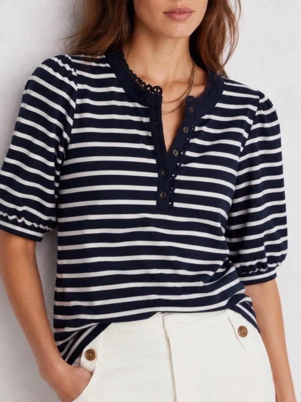 Boden Puff Sleeve Henley Top Preppy Nautical Stripe